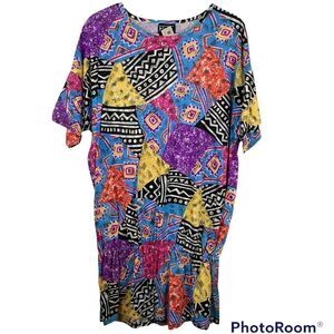 Vintage Colorful Art to Wear Geometric Peplum Shirt Dress Retro 80s 90s L/XL